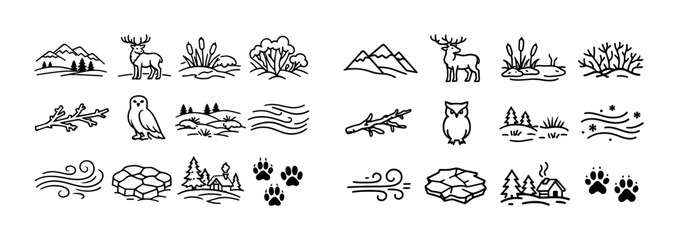 Winter wildlife scenery illustrations with deer owl and landscapes