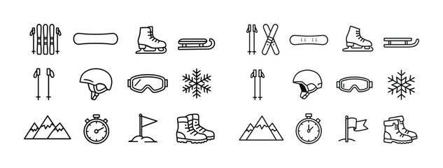 Winter sports equipment icons set: skis, snowboard, ice skates, sled, goggles, snowflakes
