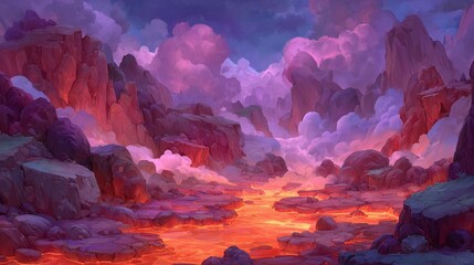 Dramatic fantasy landscape with glowing lava river and towering rock formations