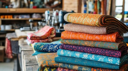 Vibrant dyed textiles stacked on a wooden table in a workshop, showcasing innovative production techniques and the beauty of handmade fabrics with a sewing machine in the blurred background