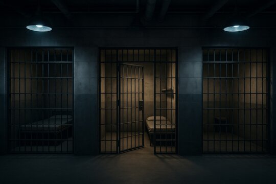 Dark prison corridor with three barred jail cells, one open and dimly lit, showing stark beds and concrete walls in moody, cinematic lighting style. Ai generative