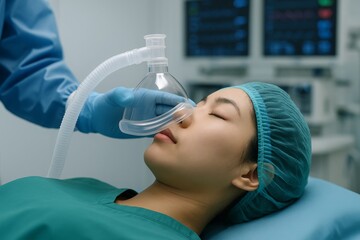 Female patient receiving anesthesia through oxygen mask before surgery in modern operating room with medical equipment in background. Ai generative. Ai generative