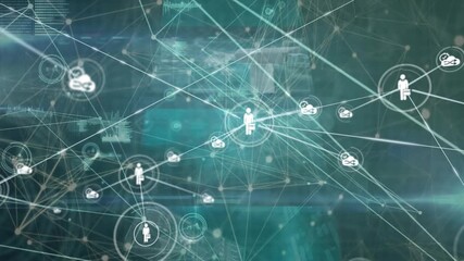 Animation of connected icons over multiple infographic interface against abstract background - Powered by Adobe