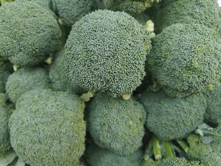 Close up shot of pile of broccoli.