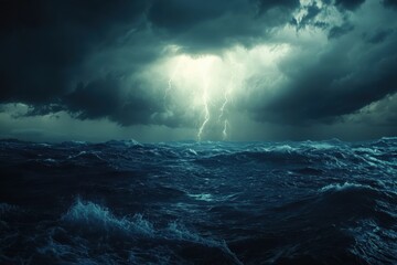 Fototapeta premium Dramatic Thunderclouds Looming Over Choppy Sea Capturing Nature's Fury and Beauty
