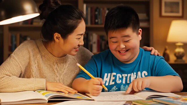 A Supportive Tutor Helps a Young Student with Special Needs in an Educational Setting