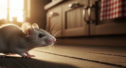 A small white mouse exploring a kitchen floor in the warm glow of morning sunlight, with wooden cabinets and a checkered towel in the blurred background.