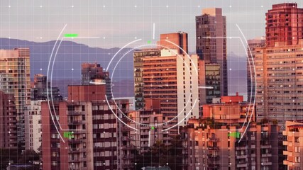Animation of network of connections with media icons over cityscape - Powered by Adobe