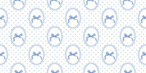 Coquette seamless pattern oval frame with lace and blue bows. Cute polka dots background for fabric, print and wrapping paper. Girly repeat wallpaper texture. Vector illustration art