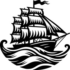 Naklejka premium Sailing ship silhouette on the ocean with waves and nautical design elements