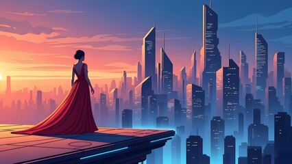 Woman in red dress standing on rooftop overlooking futuristic cityscape at sunset.