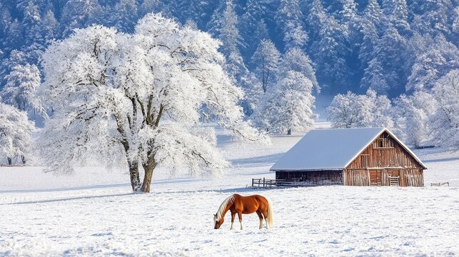 Snowy field with a lone horse grazing, distant barn and snow-covered trees .