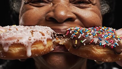 A Tasty Delight: A Woman's Joyful Indulgence in Donuts, Sprinkles and Glaze