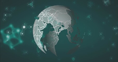 Animation of multiple molecules floating over rotating globe against abstract background - Powered by Adobe