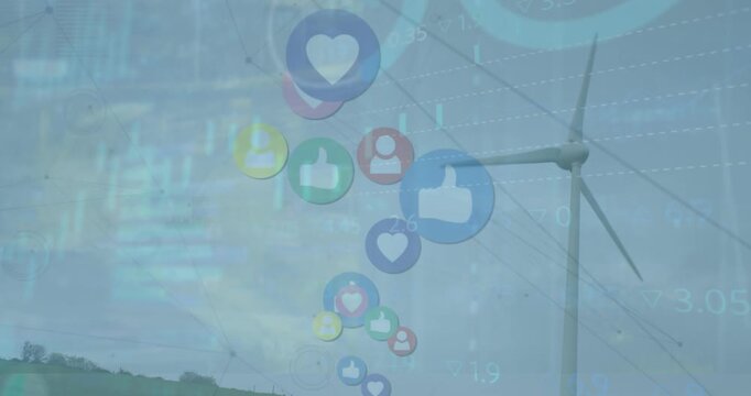 Animation of graphs, loading circles and icon in circles over windmill against sky