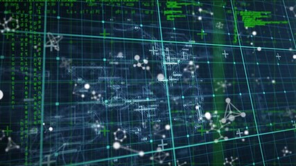 Animation of molecular structures and data processing over grid network against blue background - Powered by Adobe