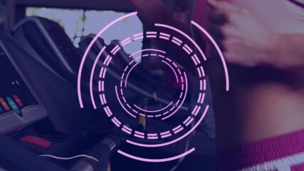 Animation of scope scanning over caucasian sports people exercising at gym