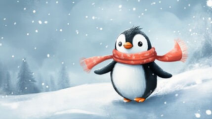 Penguin with scarf sliding on icy hill .