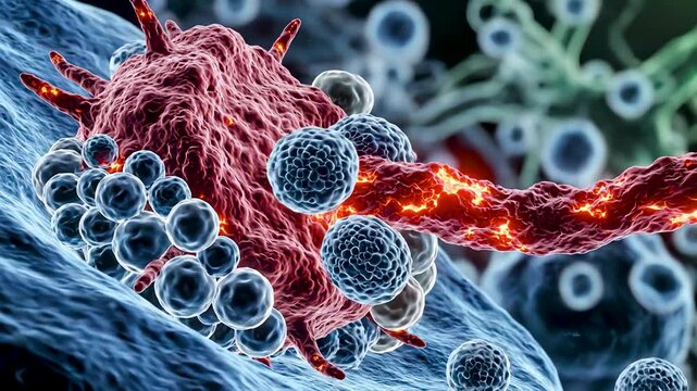 Microscopic view of cancer cell interacting with immune cells in illuminated biological environment showing detailed textures and scientific tension