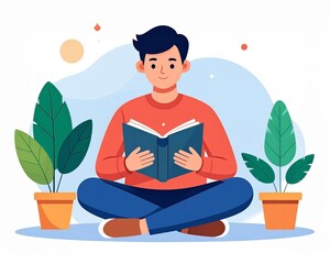 Young man focused on reading a book in a serene, plant-filled environment, symbolizing personal growth, learning, and mindful relaxation
