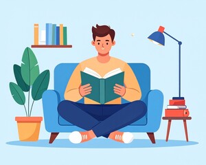 Calm young adult enjoying a good book on a comfortable sofa at home, surrounded by a cozy atmosphere, embodying relaxation, learning, and intellectual growth