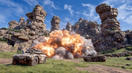 Dramatic Tank Warfare Scene with Large Explosion and Rugged Landscape Setting