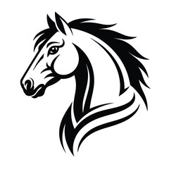 Elegant black and white illustration of a horse s head and neck