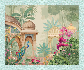 Mughal garden artwork in Pichwai style with graceful peacocks and arches, crafted for decorative and artistic wallpaper creation © MdSayeed