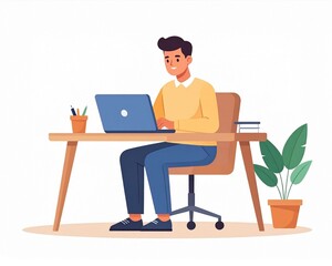 Young man working on laptop at desk with plant and office supplies