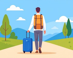 A person with a backpack and suitcase journeys along an outdoor path, symbolizing the spirit of adventure, exploration, and the excitement of discovery