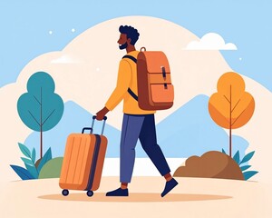 A confident young man embarks on a leisurely journey, walking with his backpack and rolling suitcase through a serene outdoor landscape, ready for adventure and new experiences