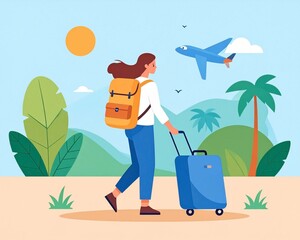 Woman with Luggage Backpack and Suitcase Walking Towards an Airplane at a Tropical Destination