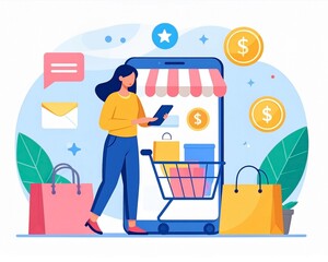 Online shopping with a mobile phone and shopping cart, a woman with a shopping cart using a phone, representing online commerce and e-commerce