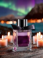 Perfume bottle with candles northern lights background