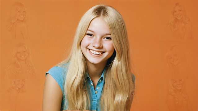Blondes M&auml;dchen im farbenfrohen Retro-Stil der 60er Jahre