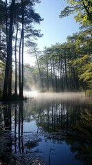 Obraz premium A misty lake surrounded by tall trees.