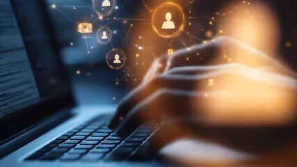 Hands type on laptop, glowing network connecting user icons and data above, dark background - Powered by Adobe