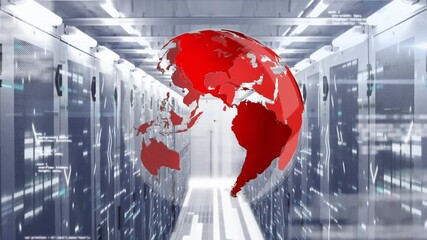 Animation of rotating globe and computer language over data server room - Powered by Adobe