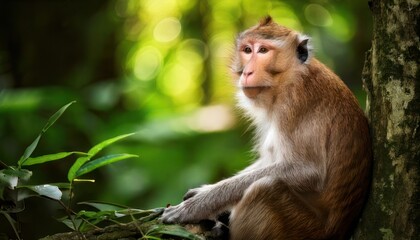 Monkey in the jungle, sitting on a tree branch, looking around with curiosity, wildlife animal.