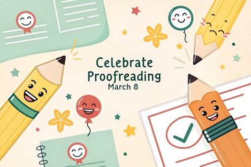 Whimsical illustration celebrating national proofreading day on March eighth featuring happy cartoon pencils correcting documents with smiles and celebratory balloons symbolizing attention to detail a