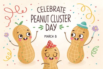 Adorable cartoon peanuts celebrate Peanut Cluster Day on March 8th with happy expressions confetti and festive swirling streamers creating a joyful and whimsical greeting card illustration perfect for