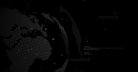 Animation of data processing and globe on black background - Powered by Adobe