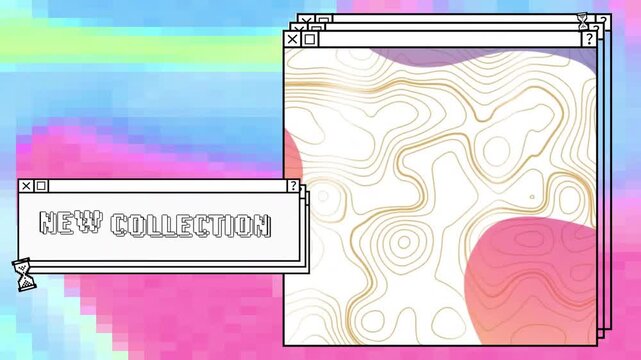 Animation of new collection text and contours on windows with egg timer on computer desktop
