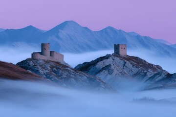 Misty morning view of ancient towers in mountain landscape
