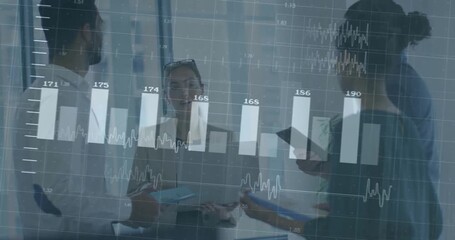 Animation of financial data processing over diverse business people in office - Powered by Adobe