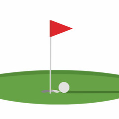 Fototapeta premium Golf Hole with Ball and Red Flag Vector Illustration on Green Putting Surface in Minimal Flat Style