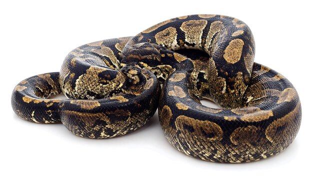 A coiled ball python snake with intricate brown and gold patterns on its scales, isolated on a white background.