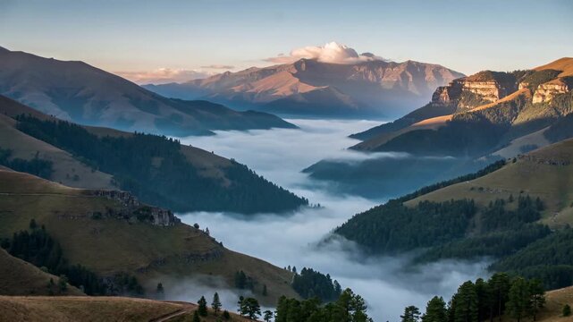 A serene aerial view of a mountain range at dawn, showcasing a beautiful misty valley. Perfect for nature and travel projects.