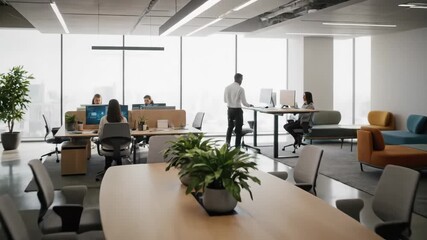 A contemporary open-plan office environment where diverse professionals are actively working on computers and collaborating.