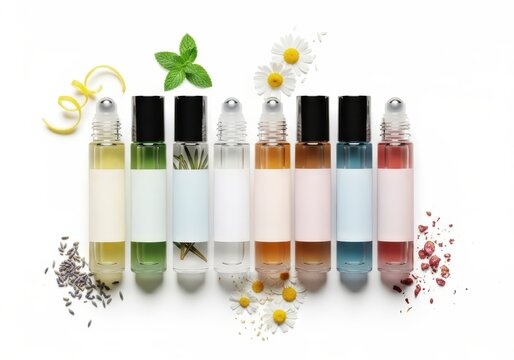 Row of essential oil roller bottles displayed with various natural botanical ingredients on a white background